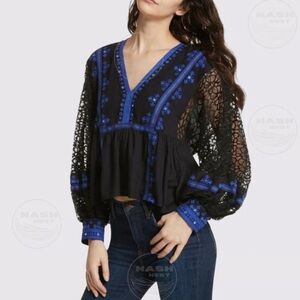 FREE PEOPLE Boogie All Night Peasant Blouse Embroidered Mirror Lace Size Large